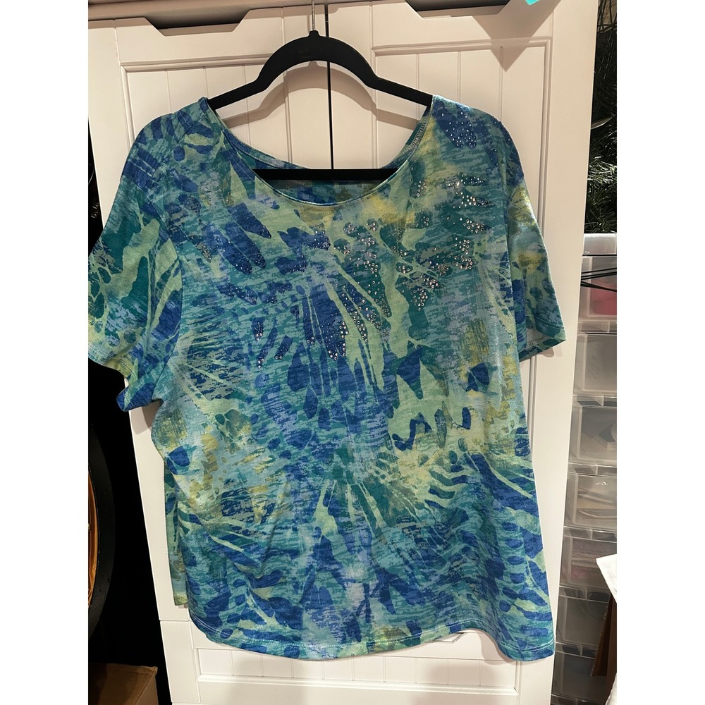 Allison Daley Plus 3X Blue Green Abstract Palm Rhinestone Short Sleeve Top